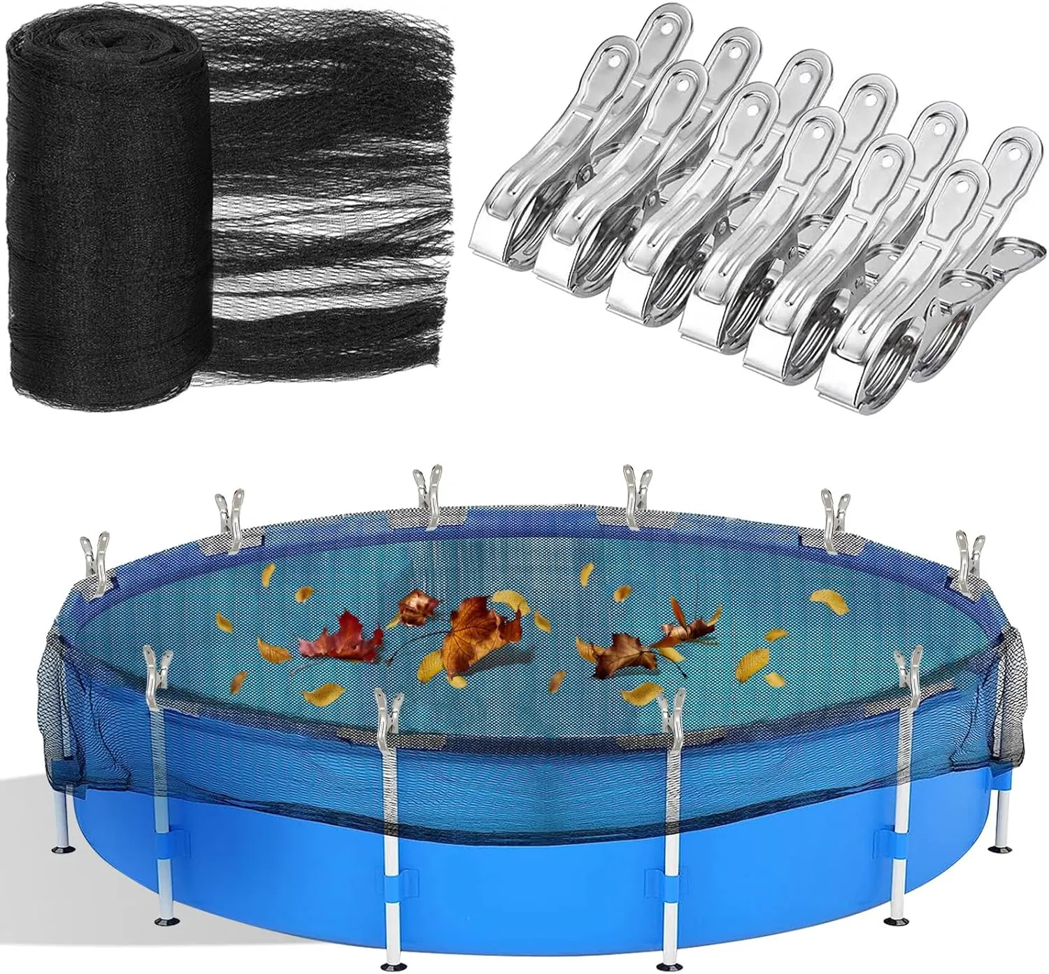 20 Feet Round Leaf Net Cover for Above Ground Pool, Winter Cover Mesh Cover with 12 Pcs Large Metal Clips，Pool Safety Net Fits 18FT Above Ground Pools, Keeps Leaves Out of Your Pool