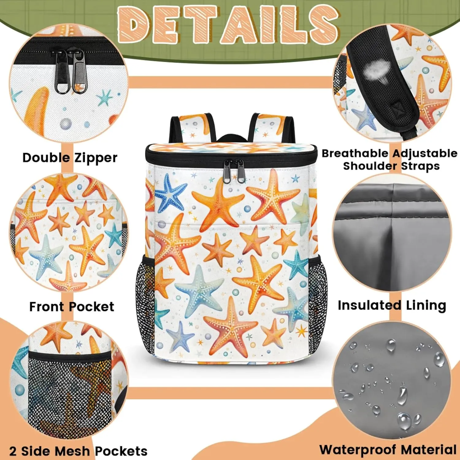 20-Hour Insulated Backpack Cooler Waves Abstract Leakproof Cooler Bag Portable Cooler Backpack