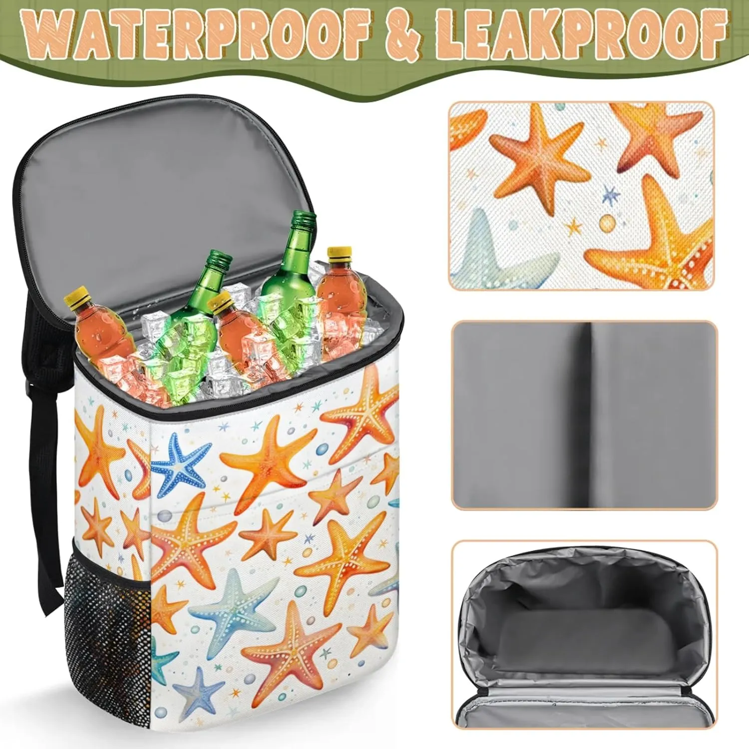 20-Hour Insulated Backpack Cooler Waves Abstract Leakproof Cooler Bag Portable Cooler Backpack