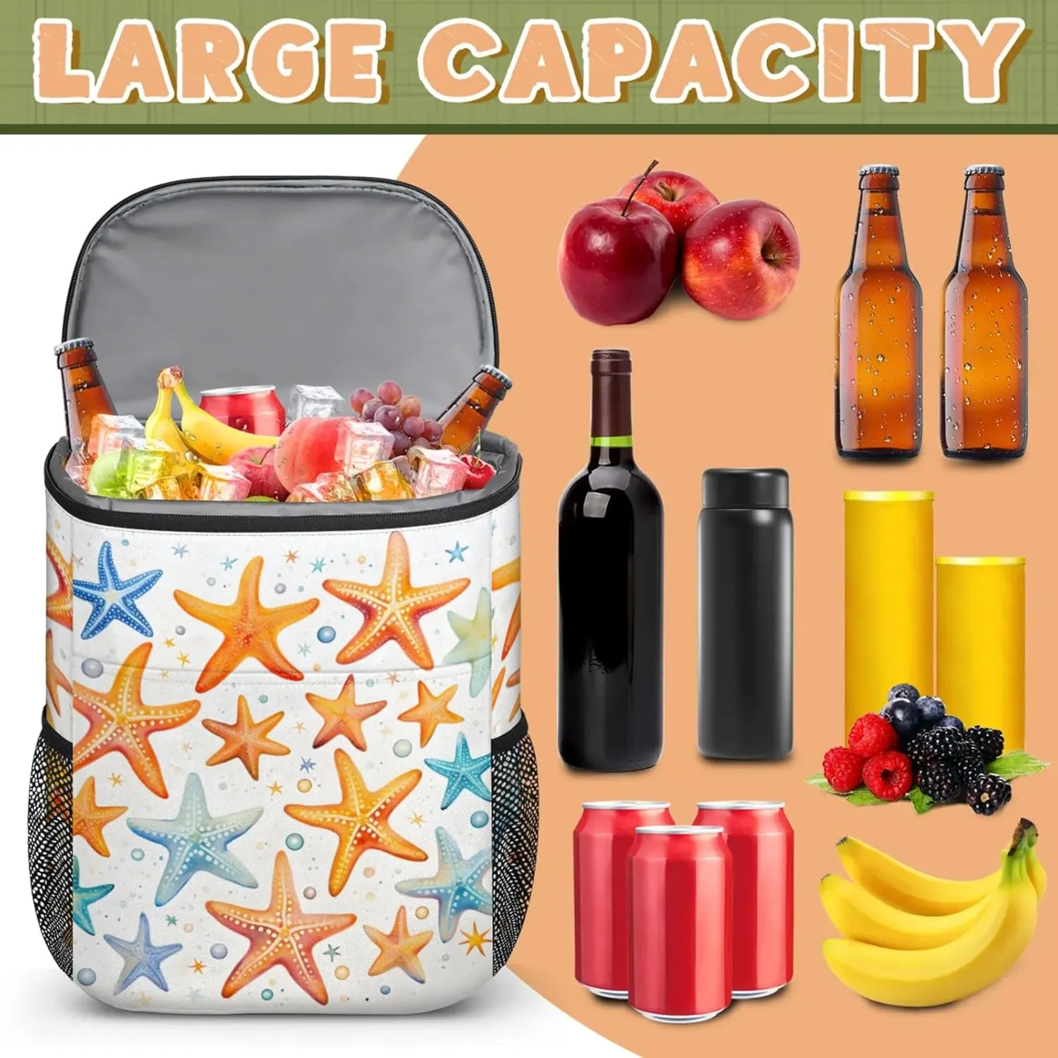 20-Hour Insulated Backpack Cooler Waves Abstract Leakproof Cooler Bag Portable Cooler Backpack