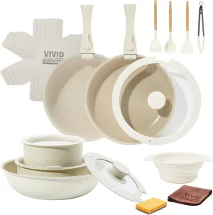 22Pcs Pots and Pans Set, Nonstick Cookware Sets, Cream White Induction Cookware Non Stick Ceramic Cooking Set with Frying Pans & Saucepans (PFOS, PFOA Free)