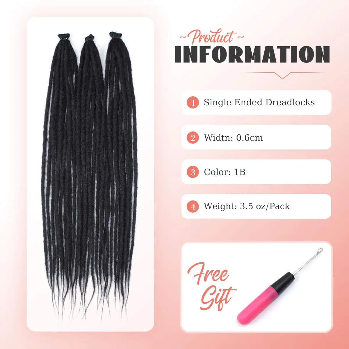 24 inch Black Dreadlock Extensions, 30 pcs Single Ended Thin 0.6cm Dreads Extensions, Synthetic Dreadlock Extensions Reggae Hippie Crochet Dreads for Women