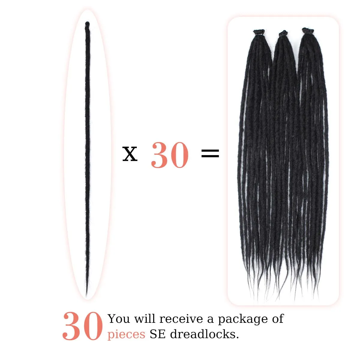 24 inch Black Dreadlock Extensions, 30 pcs Single Ended Thin 0.6cm Dreads Extensions, Synthetic Dreadlock Extensions Reggae Hippie Crochet Dreads for Women