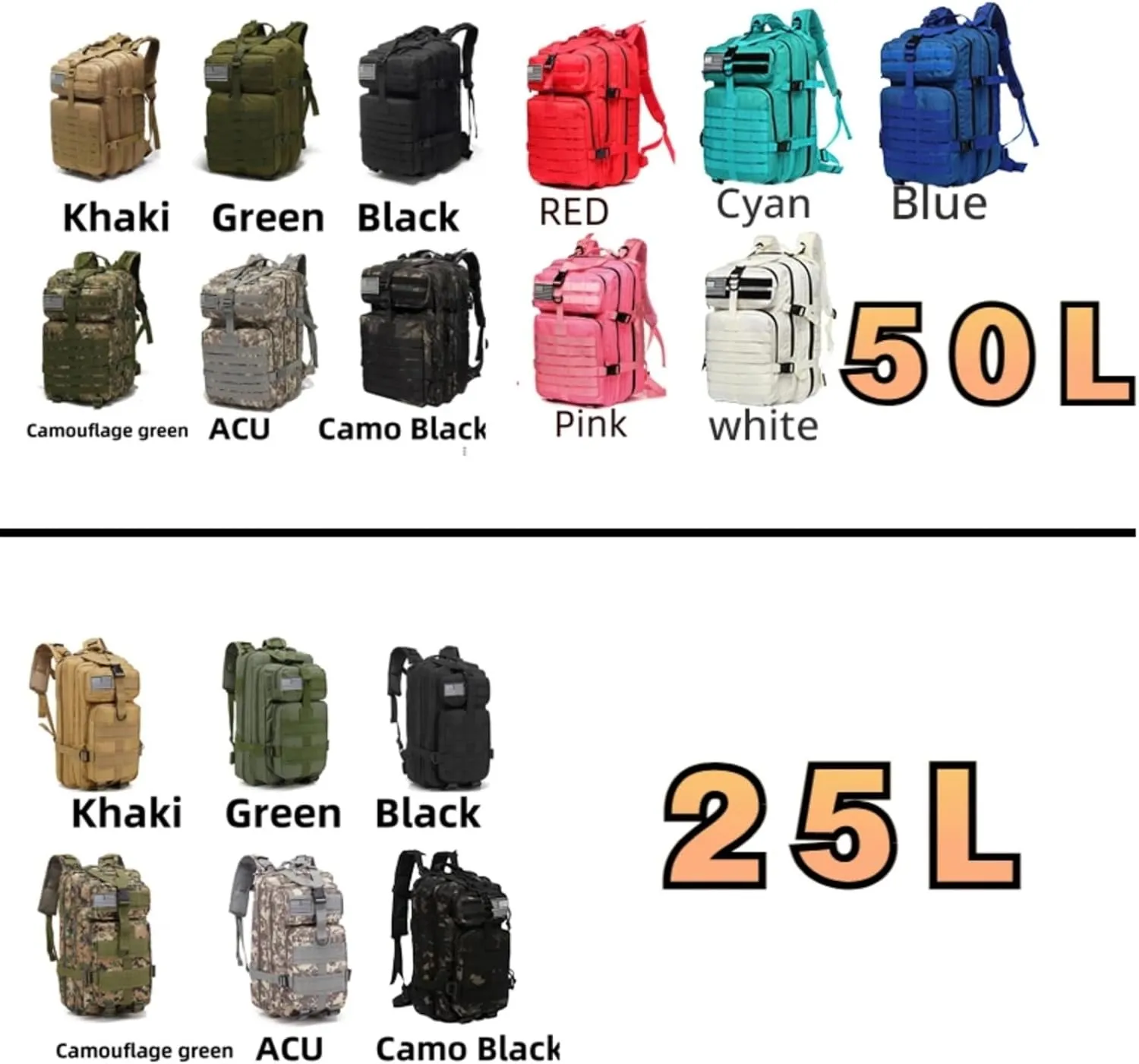 25L 50L Water-Resistant Nylon Backpack Outdoor Camping Hiking Trekking Durable Daypack Molle System (25L (Green))