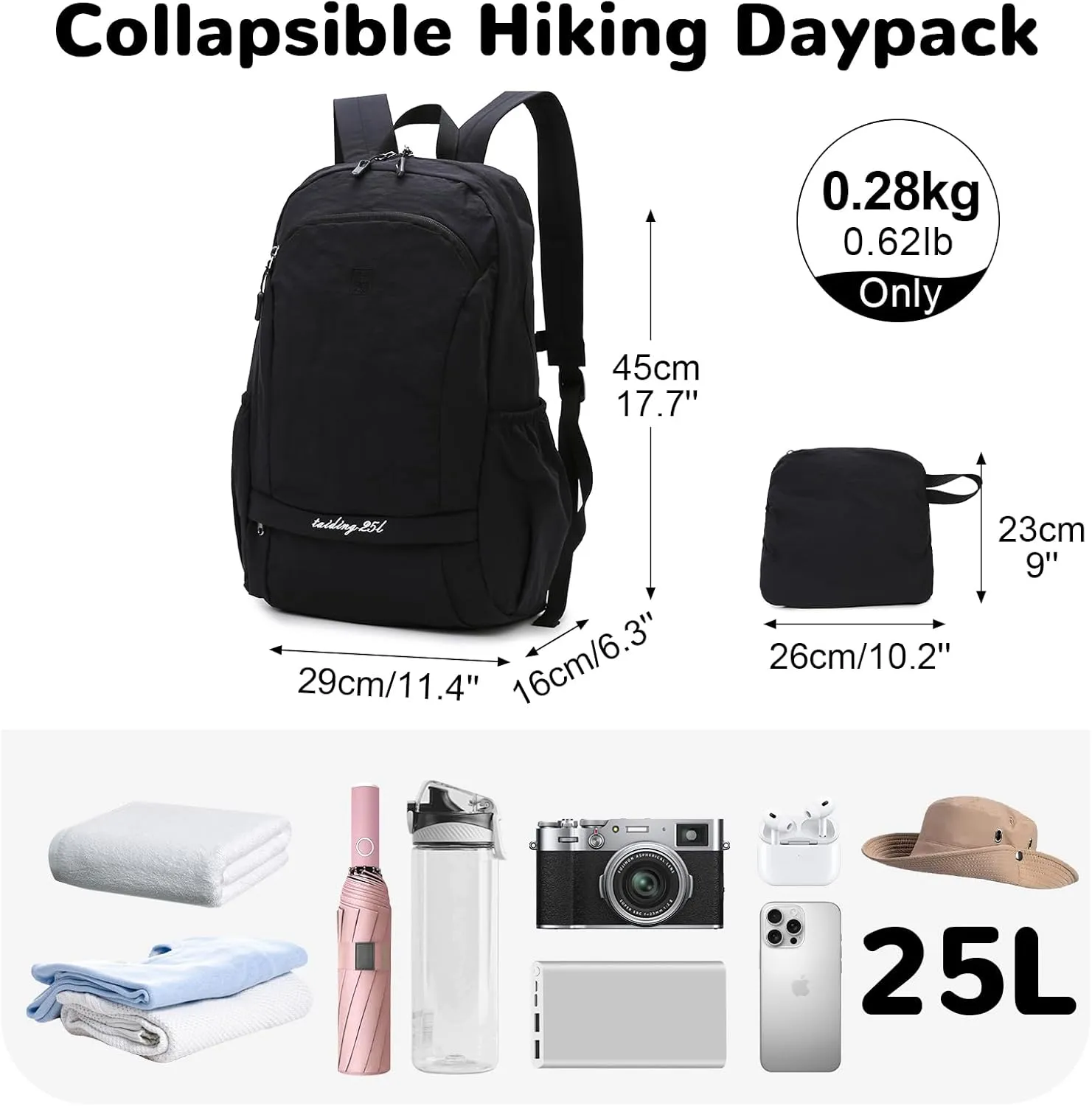 25L Foldable Hiking Backpack for Men Women, Gym Backpack with Wet Pocket, Small Packable Collapsible Daypack, Black