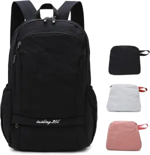 25L Foldable Hiking Backpack for Men Women, Gym Backpack with Wet Pocket, Small Packable Collapsible Daypack, Black