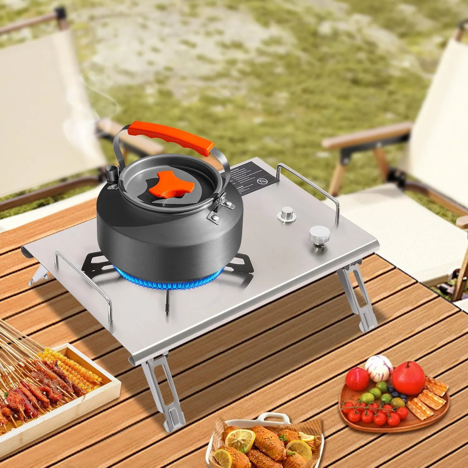 2.7KW Portable Gas Stove, Electronic Ignition Outdoor Camping Cooking Stove, Portable Stove, For Camping, Hiking, Overnight Trips, Picnics (Stainless steel coloured)