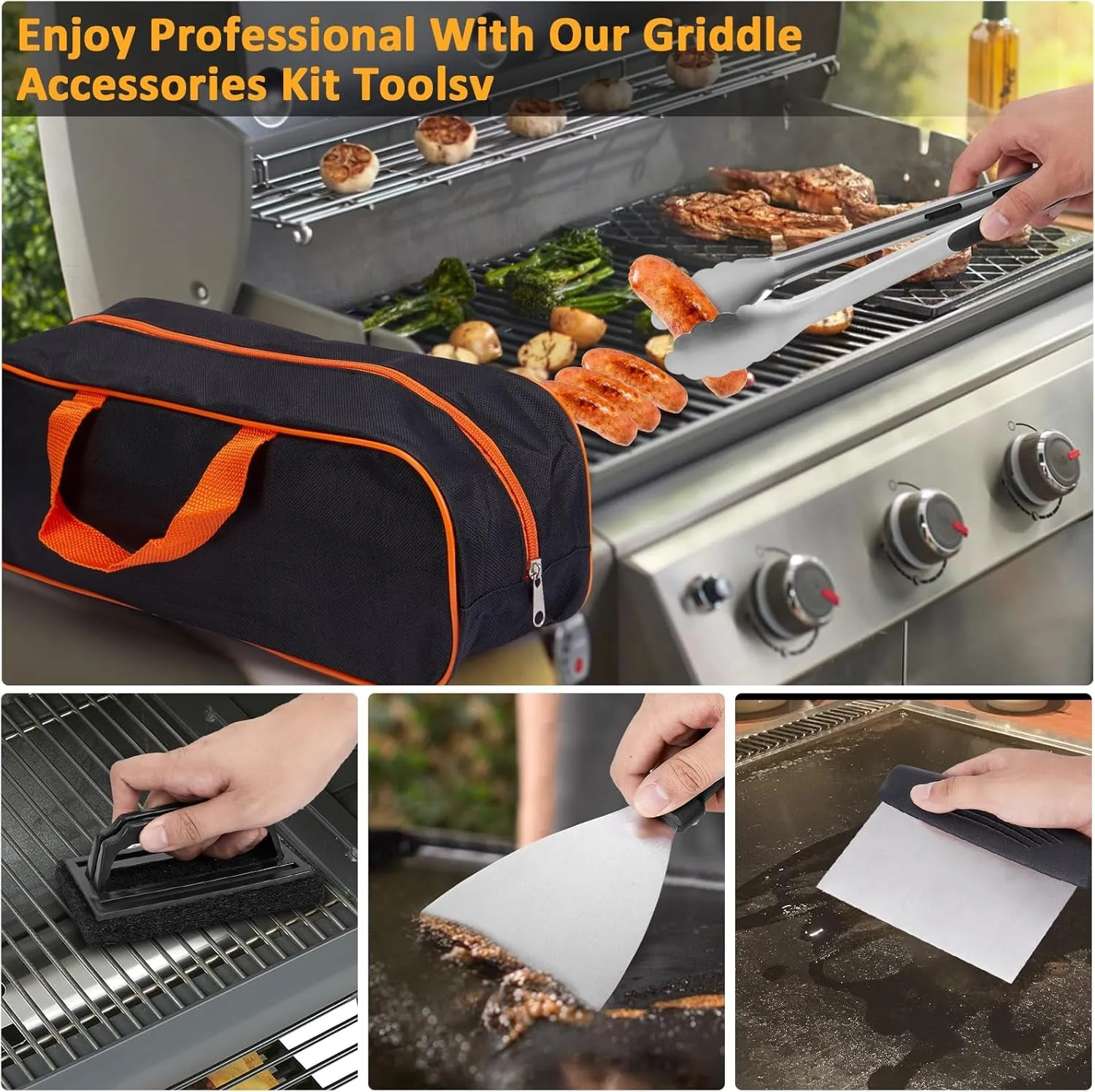29PCS Blackstone Griddle Accessories Kit with Burger Press, Flat Top Grilling Accessories Set for Blackstone and Camp Chef, Metal Grill BBQ Enlarged Spatulas Set with Scraper, Carry Bag for Outdoor