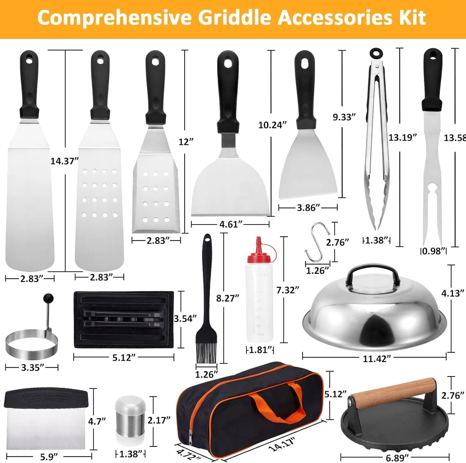 29PCS Blackstone Griddle Accessories Kit with Burger Press, Flat Top Grilling Accessories Set for Blackstone and Camp Chef, Metal Grill BBQ Enlarged Spatulas Set with Scraper, Carry Bag for Outdoor