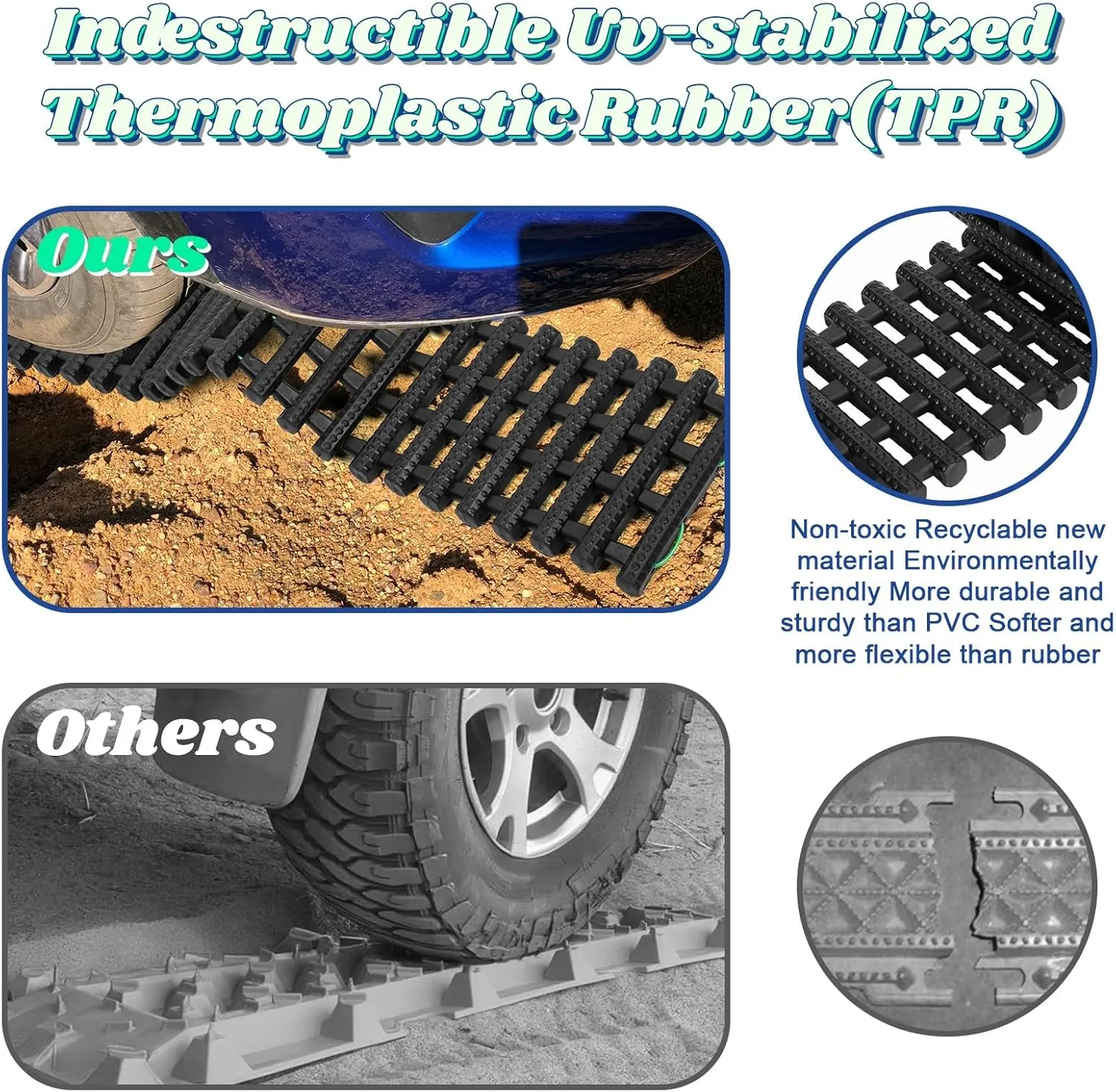 2Pcs Snow Tire Traction Mat with Portable Handle Bag, Off Road Vehicle Tire Recovery Traction Pad, SUV Truck Van Emergency Tire Traction Rubber Ladder for Snow, Ice, Mud, and Sand Black 100cm