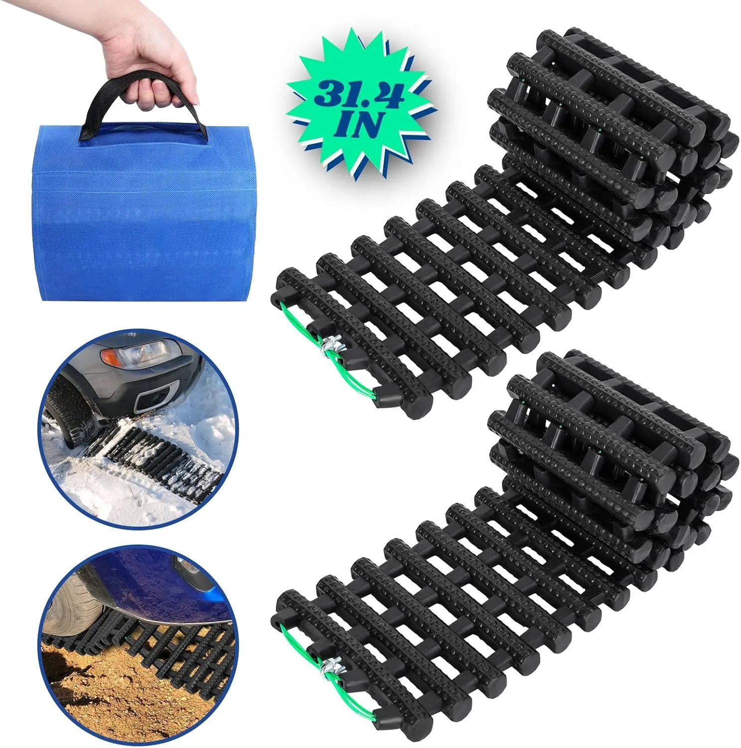 2Pcs Snow Tire Traction Mat with Portable Handle Bag, Off Road Vehicle Tire Recovery Traction Pad, SUV Truck Van Emergency Tire Traction Rubber Ladder for Snow, Ice, Mud, and Sand Black 100cm
