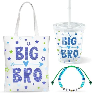 3 Pcs Big Brother Gifts for Boy 12 oz Blue Big Brother Cup Insulated Acrylic Tumbler with Lid and Straw Big Bro Mini Canvas Tote Bag Big Brother Bracelet for Littler Boy