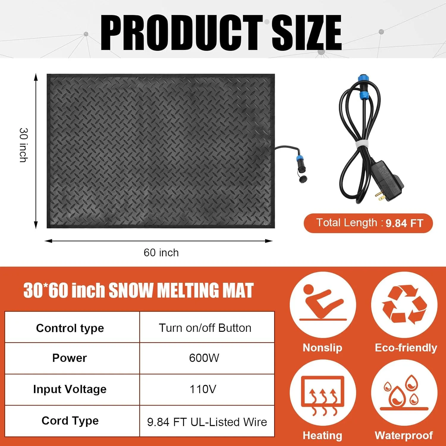 30'' x 60'' Heated Snow Ice Melting Mats No Slip Heated Outdoor Mats Melts up to 3 Inches/h and Ice with 9.84 ft Power Cord for Winter Snow Removal Stairs Steps Driveway Walkway Decks Sidewalk