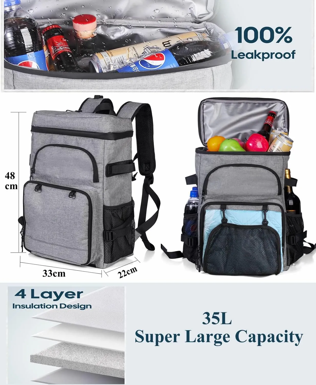 30/42 Cans Cooler Backpack, Waterproof Cooler Bag with Bottle Opener for Picnic, Camping, Beach, Hiking, Travel, and Shopping