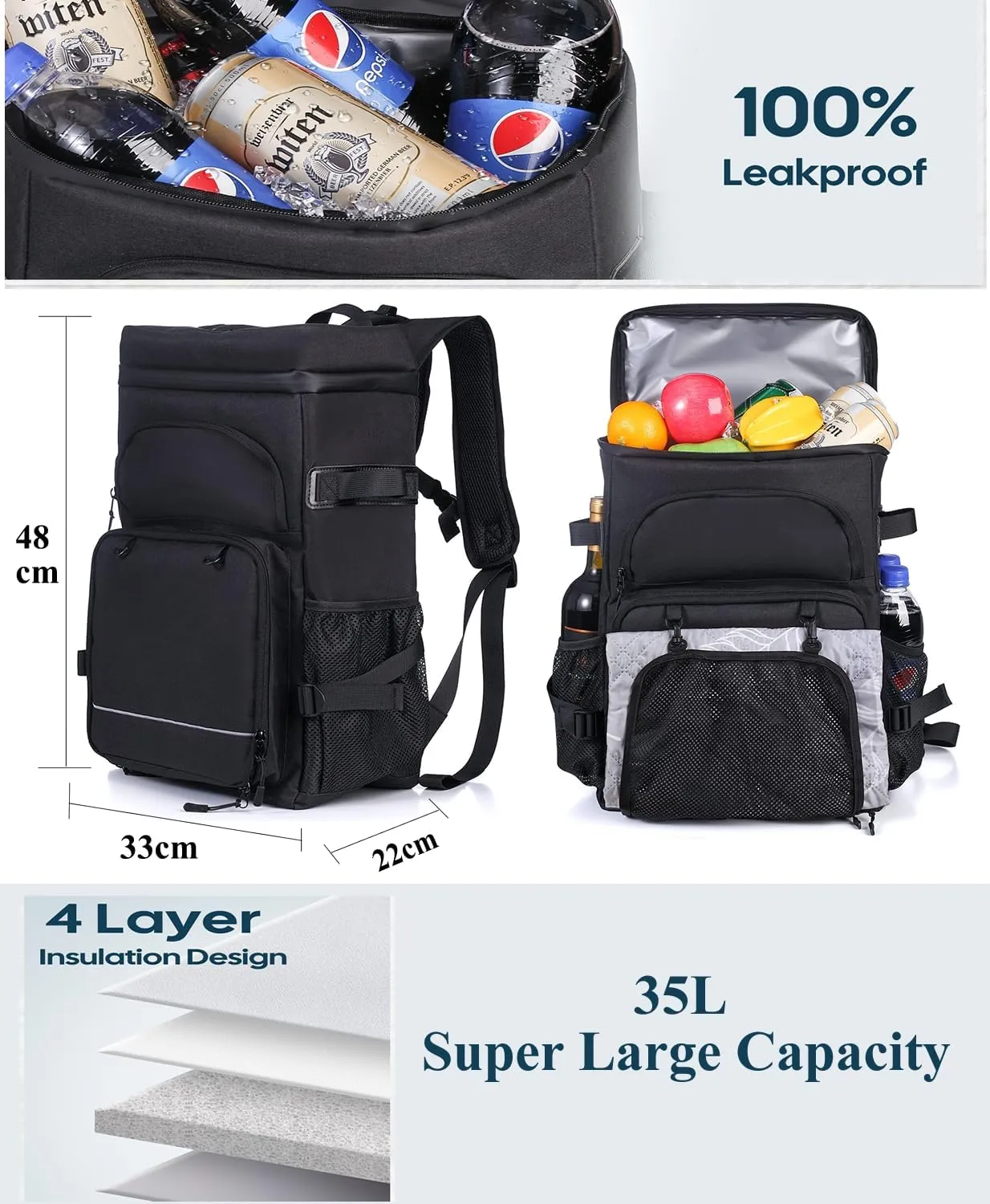 30/42 Cans Cooler Backpack, Waterproof Cooler Bag with Bottle Opener for Picnic, Camping, Beach, Hiking, Travel, and Shopping