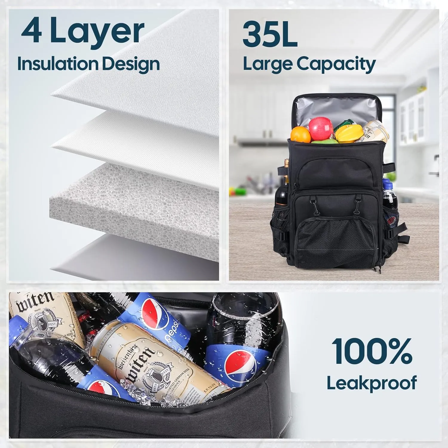 30/42 Cans Cooler Backpack, Waterproof Cooler Bag with Bottle Opener for Picnic, Camping, Beach, Hiking, Travel, and Shopping