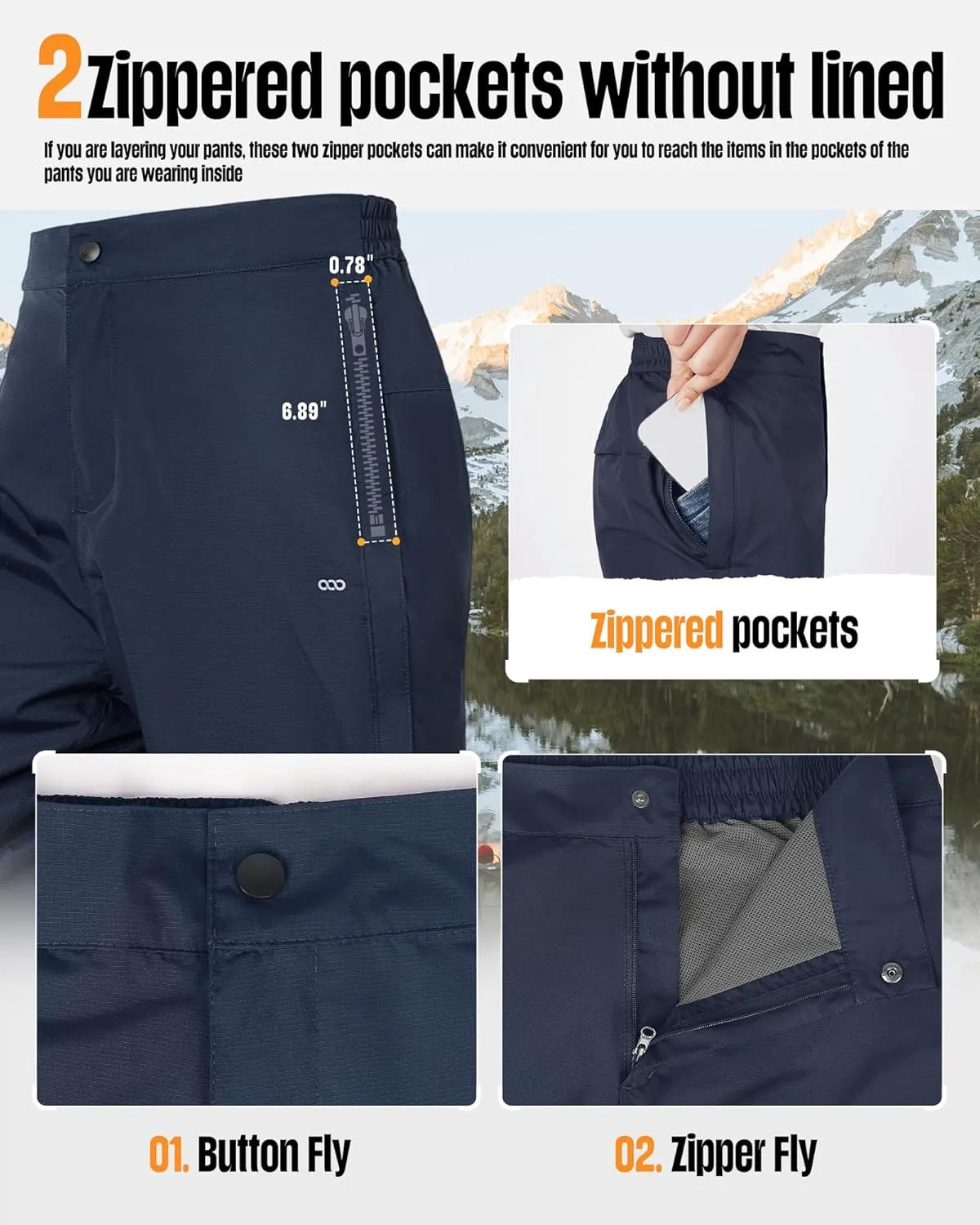 33,000ft Women's Full Zip Rain Pants Lightweight Rain Over Pants Windproof Outdoor Pants for Hiking Fishing Golf