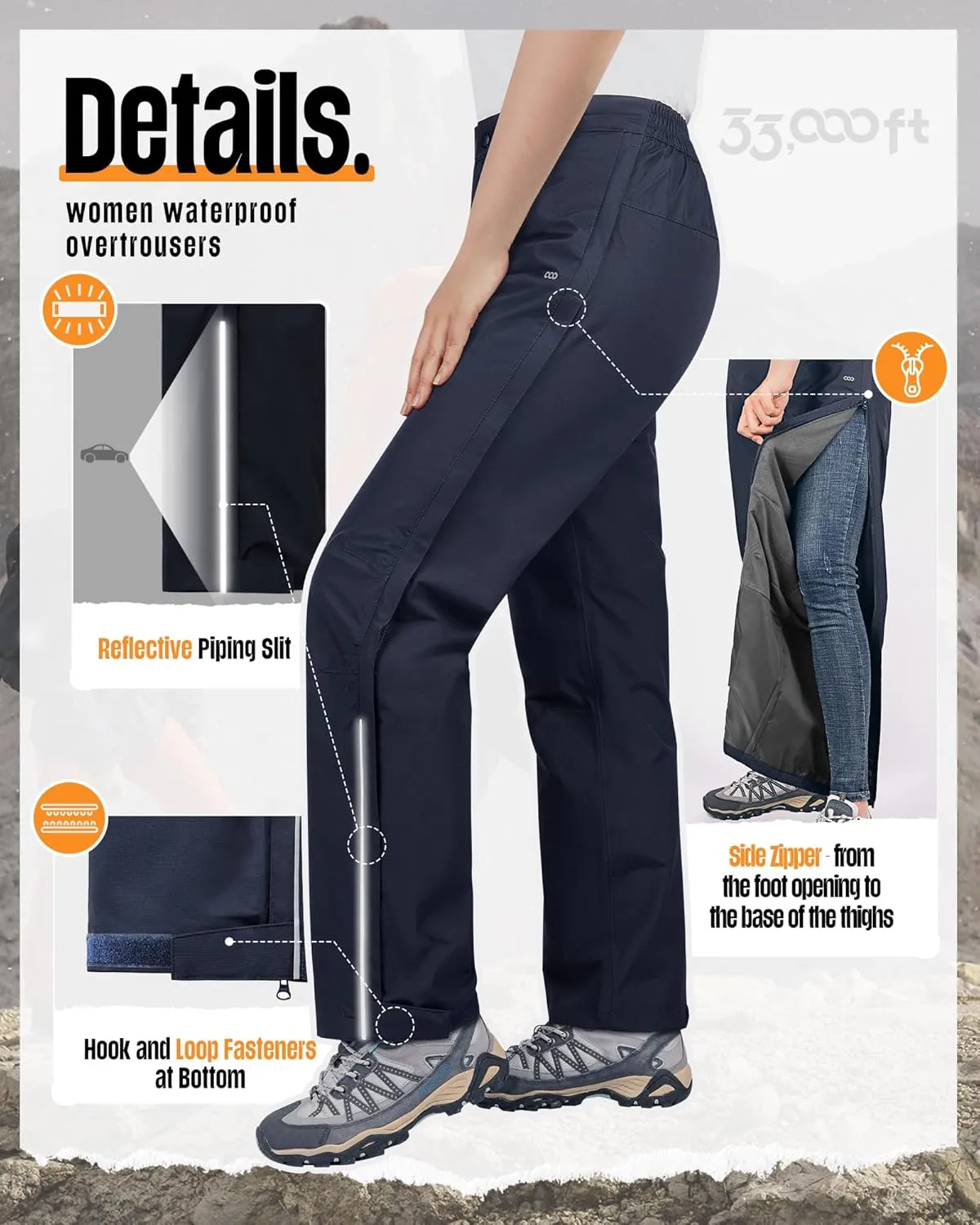 33,000ft Women's Full Zip Rain Pants Lightweight Rain Over Pants Windproof Outdoor Pants for Hiking Fishing Golf
