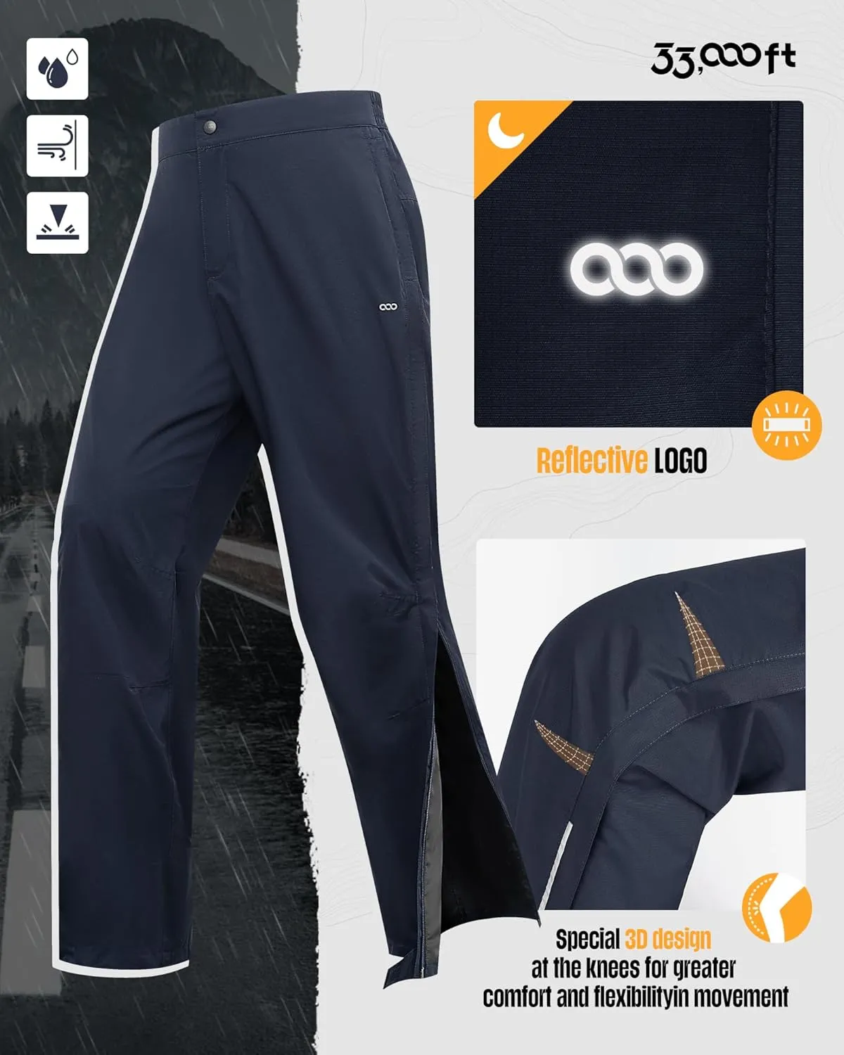 33,000ft Women's Full Zip Rain Pants Lightweight Rain Over Pants Windproof Outdoor Pants for Hiking Fishing Golf