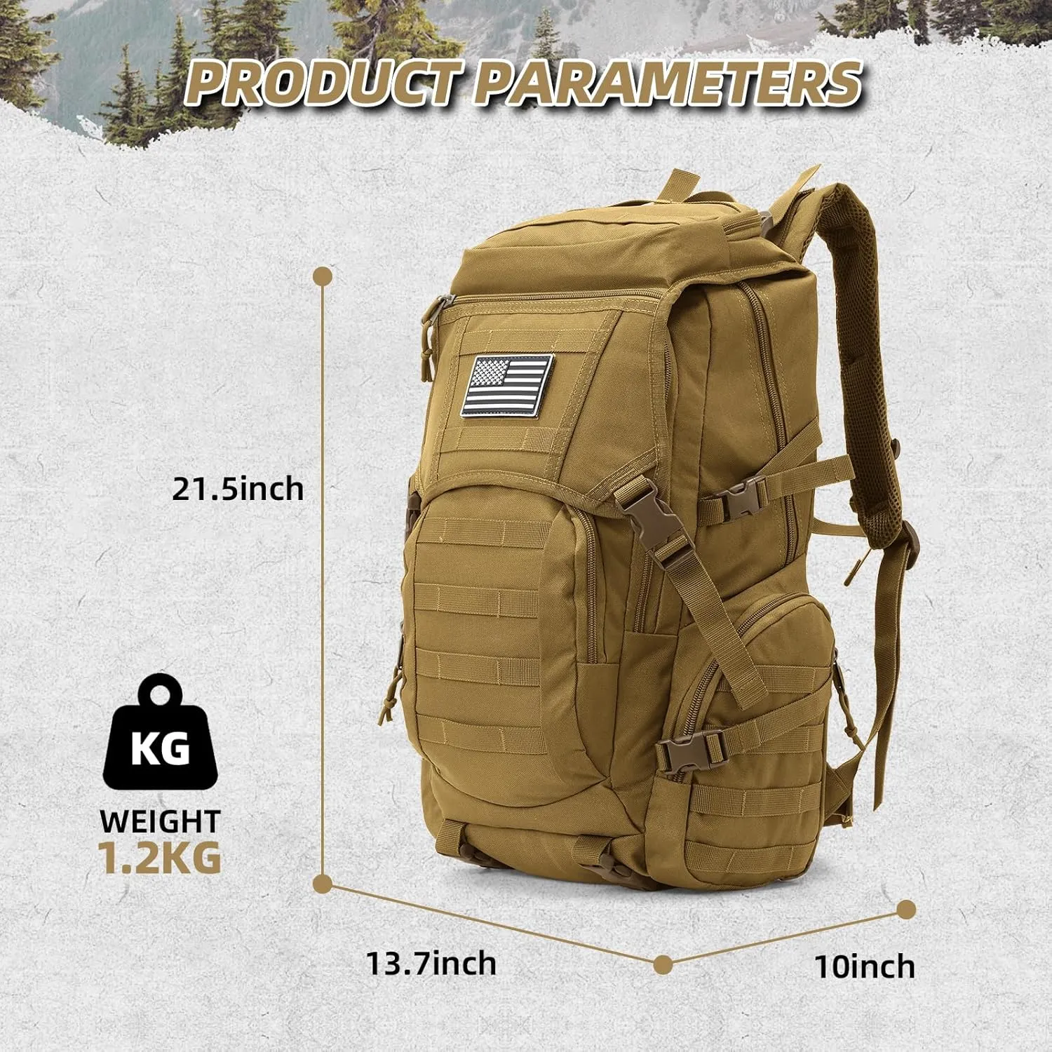 35L Military Tactical Backpack for Men, Water Resistant Assault Pack for Women, Khaki Molle Daypack 3 Day Bug Out Bag Rucksack for Trekking, Hunting, Camping, Survival, EDC