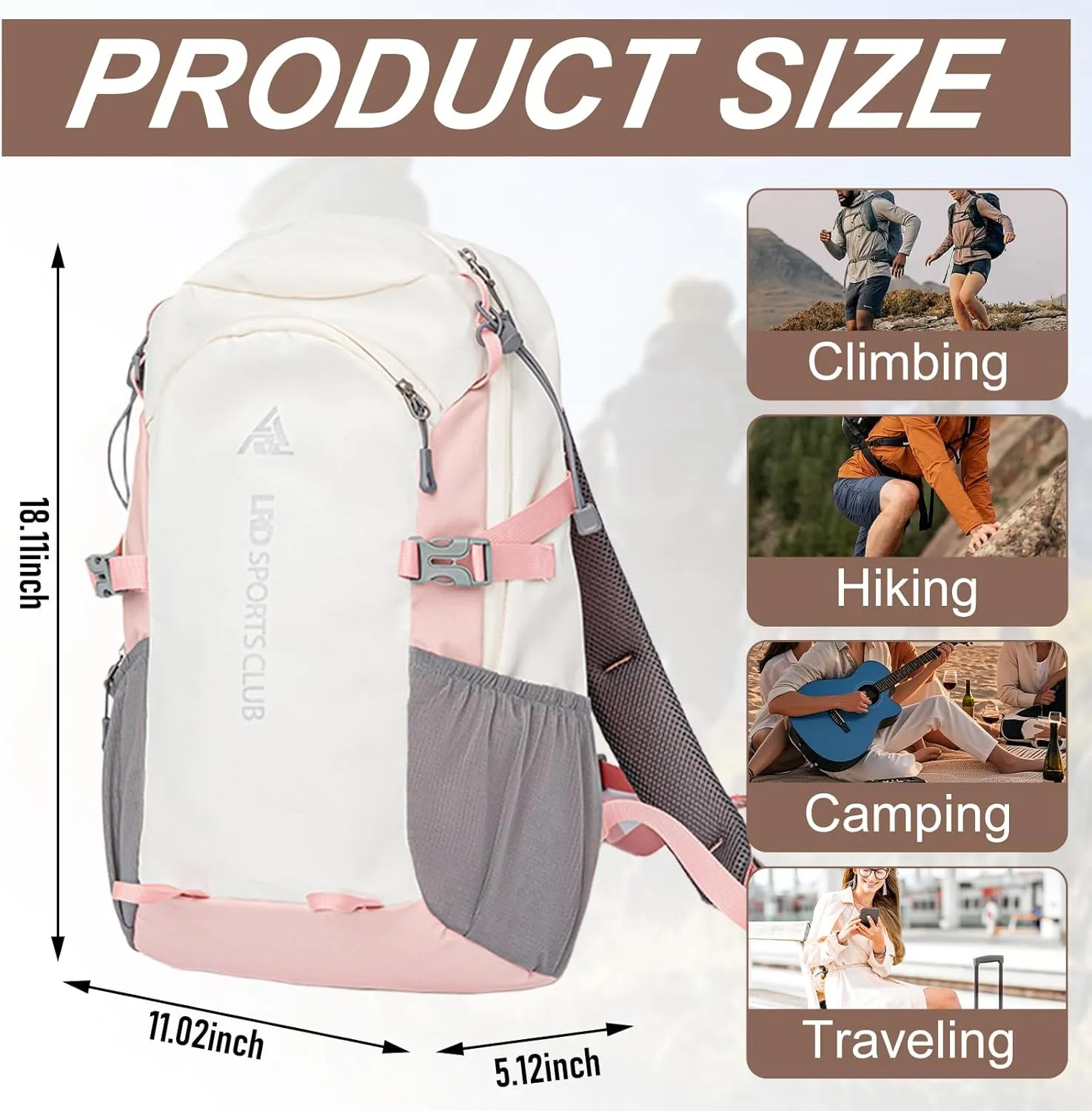 36-55L Large Capacity Hiking Backpack Waterproof Travel Bag Ergonomic Design Multi Functional Computer Bag for Camping,Travel (Pink)
