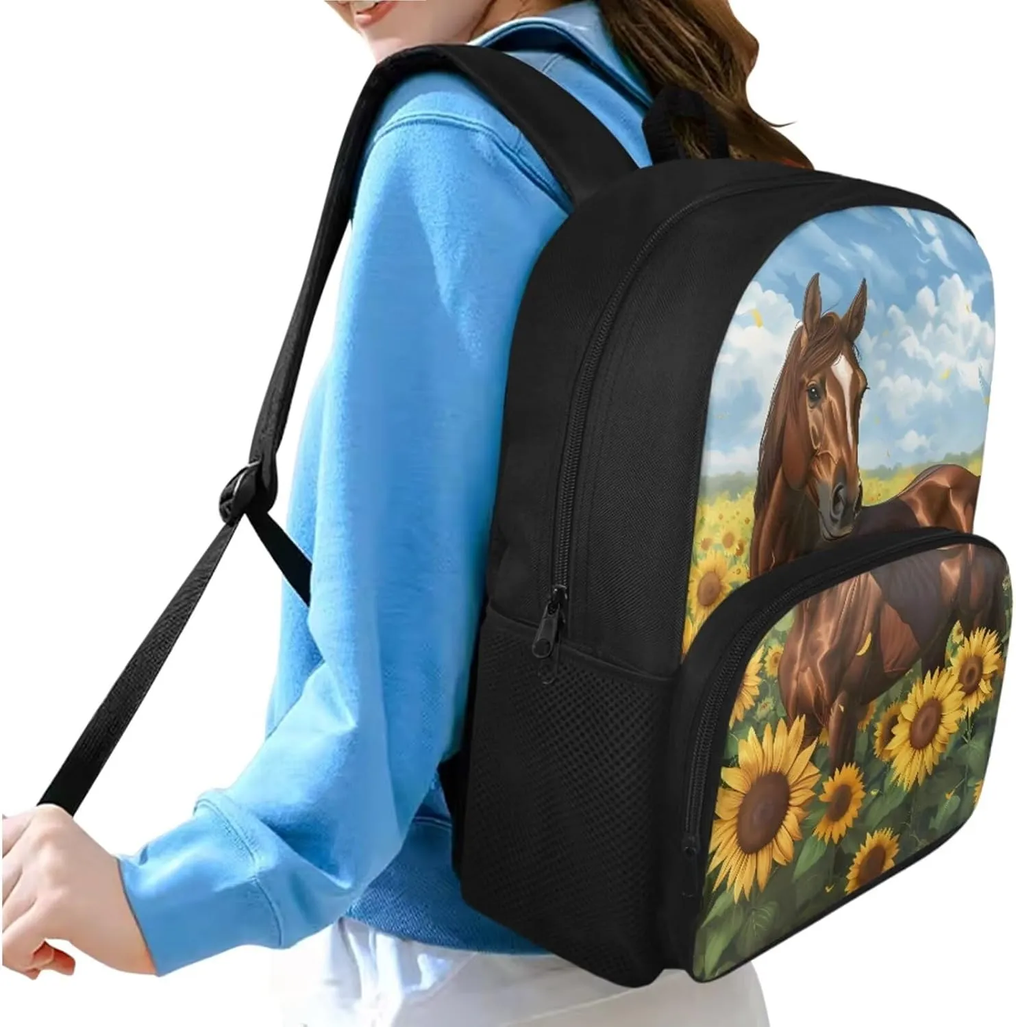 3D Horse Backpack for Boys, Sunflower Kids Backpack Sets, Cute Backpack for Toddlers Girls, Kids Casual Travel Backpack Set with Water Bottle Holder for Middle School Junior Kids