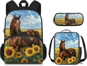 3D Horse Backpack for Boys, Sunflower Kids Backpack Sets, Cute Backpack for Toddlers Girls, Kids Casual Travel Backpack Set with Water Bottle Holder for Middle School Junior Kids