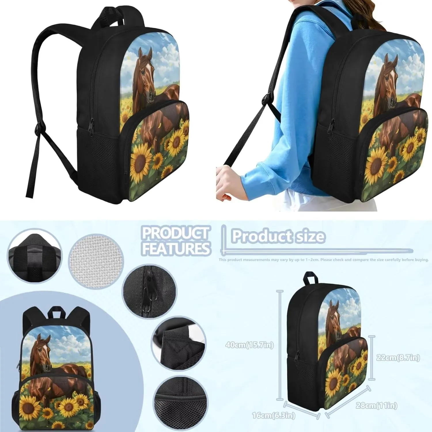 3D Horse Backpack for Boys, Sunflower Kids Backpack Sets, Cute Backpack for Toddlers Girls, Kids Casual Travel Backpack Set with Water Bottle Holder for Middle School Junior Kids