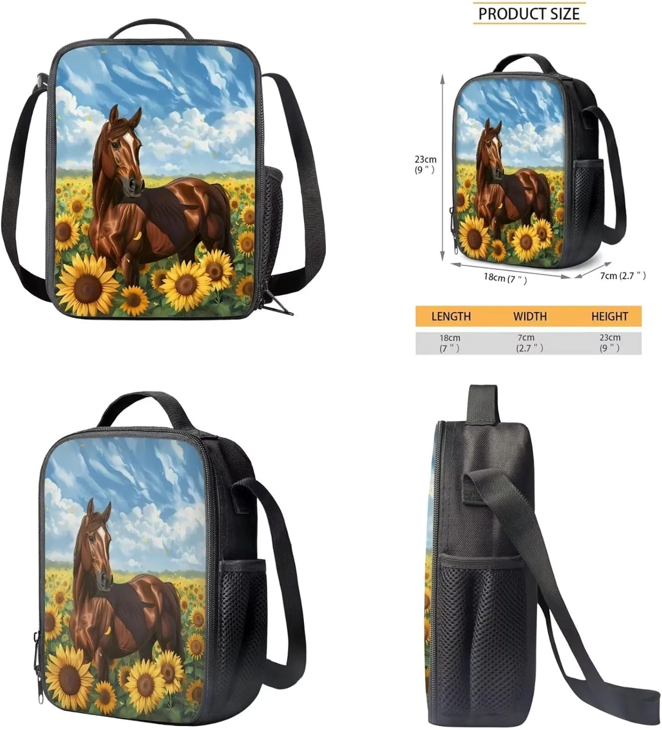 3D Horse Backpack for Boys, Sunflower Kids Backpack Sets, Cute Backpack for Toddlers Girls, Kids Casual Travel Backpack Set with Water Bottle Holder for Middle School Junior Kids