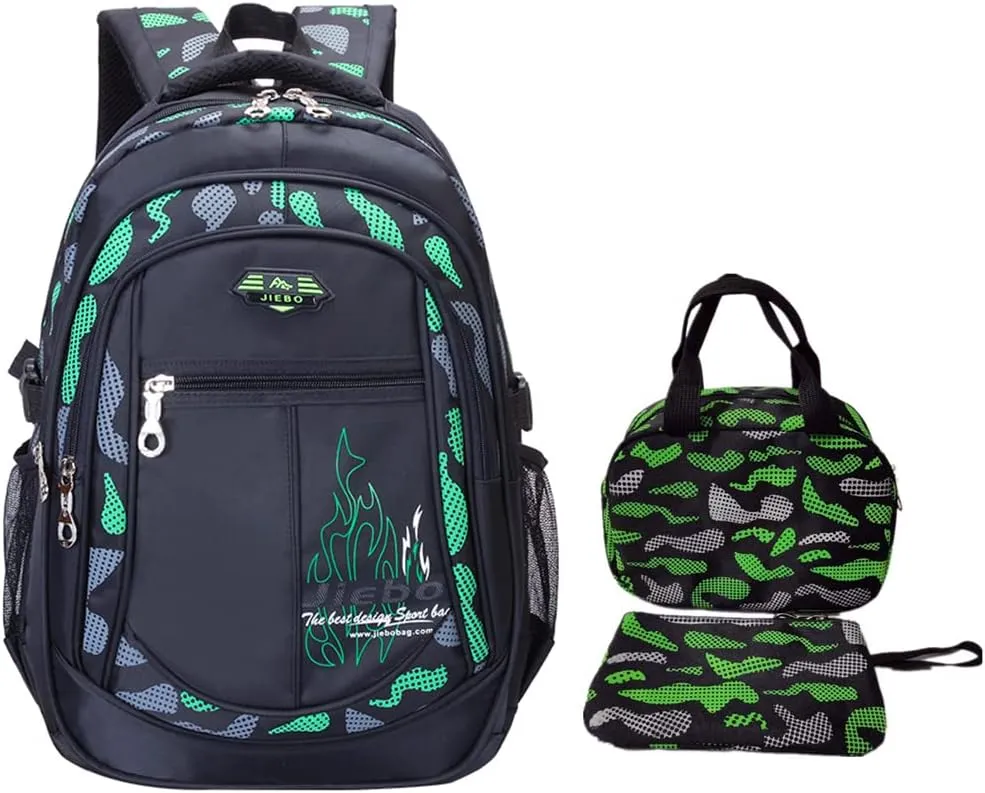 3Pcs Camo-Print Primary School Backpack and Lunch-Bag Set for Boys Camouflage Elementary Bookbag Rucksack Waterproof