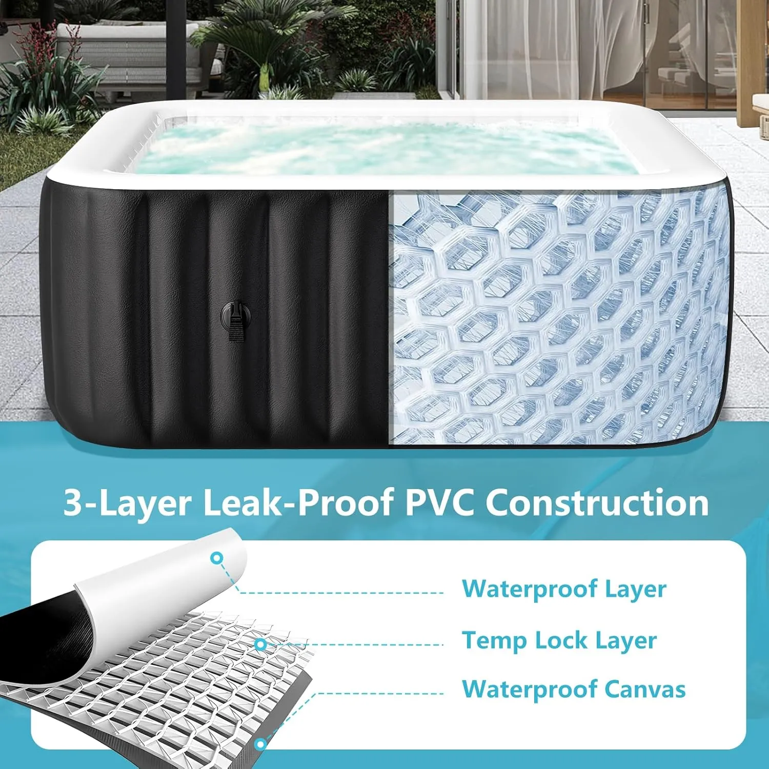 4-6 Person Inflatable Hot Tub, Large Square Portable Blow up Hot Tub, Leak-Proof PVC Outdoor Spa with 130 Air Jets, Insulated Cover and Heater Pump, 73” X 73”X 25”