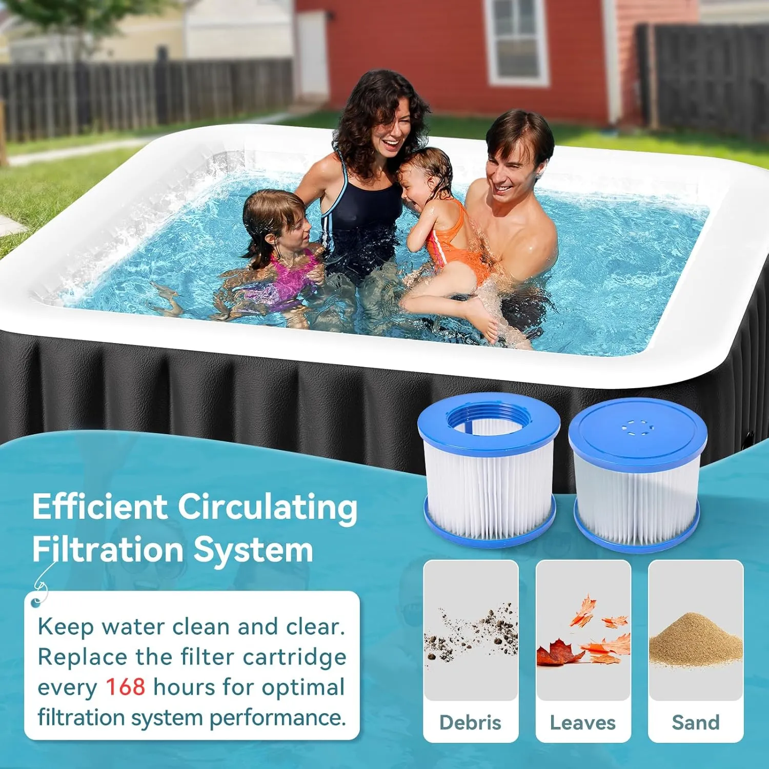 4-6 Person Inflatable Hot Tub, Large Square Portable Blow up Hot Tub, Leak-Proof PVC Outdoor Spa with 130 Air Jets, Insulated Cover and Heater Pump, 73” X 73”X 25”