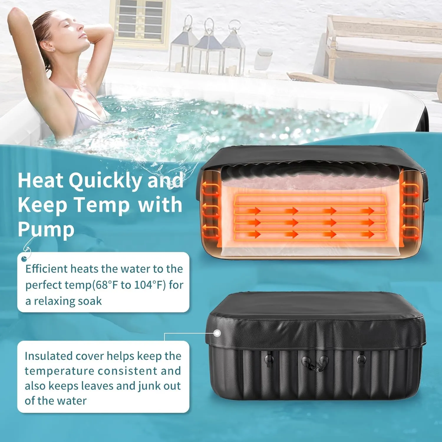 4-6 Person Inflatable Hot Tub, Large Square Portable Blow up Hot Tub, Leak-Proof PVC Outdoor Spa with 130 Air Jets, Insulated Cover and Heater Pump, 73” X 73”X 25”