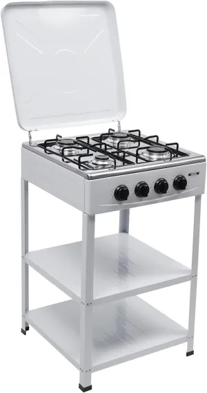 4-Burner Propane Camping Stove, Portable Camping Grill with 2 Tier Storage Rack and Wind Blocking Cover Adapter, Gas Stove Portable Stove Set for Car Camping BBQ Picnics Cooking, White