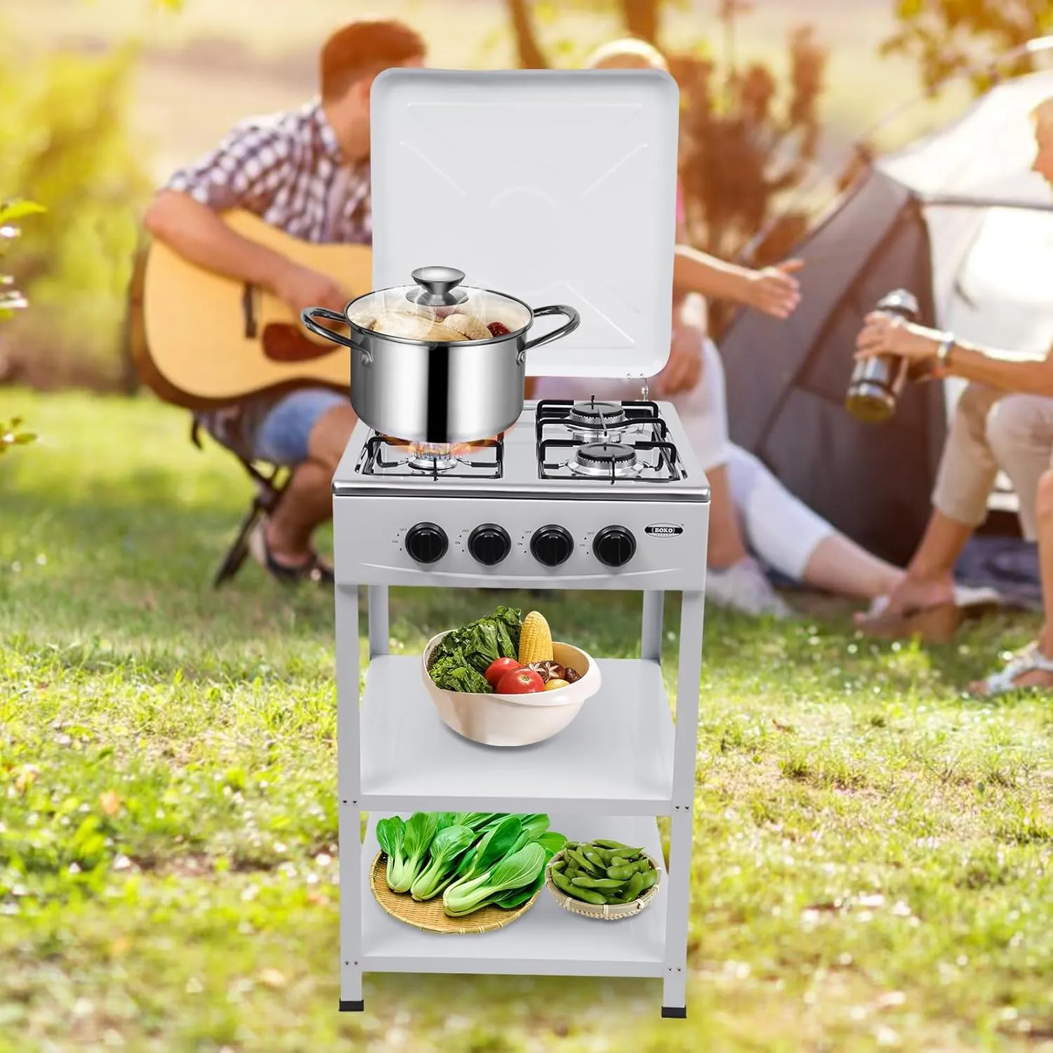 4-Burner Propane Camping Stove, Portable Camping Grill with 2 Tier Storage Rack and Wind Blocking Cover Adapter, Gas Stove Portable Stove Set for Car Camping BBQ Picnics Cooking, White