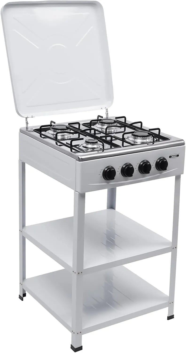 4-Burner Propane Camping Stove, Portable Camping Grill with 2 Tier Storage Rack and Wind Blocking Cover Adapter, Gas Stove Portable Stove Set for Car Camping BBQ Picnics Cooking, White