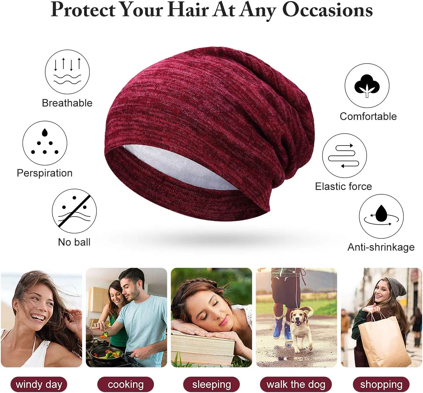 4 Pieces Satin Lined Sleep Cap Slouchy Beanie Hat Night Hair Cap for Women