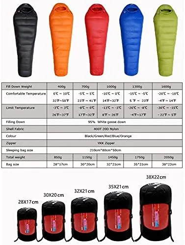 4 Seasons Camping Goose Down Sleeping Bag, Mummy Down Sleeping Bag, Soft Touch, Compression Stuff Sack