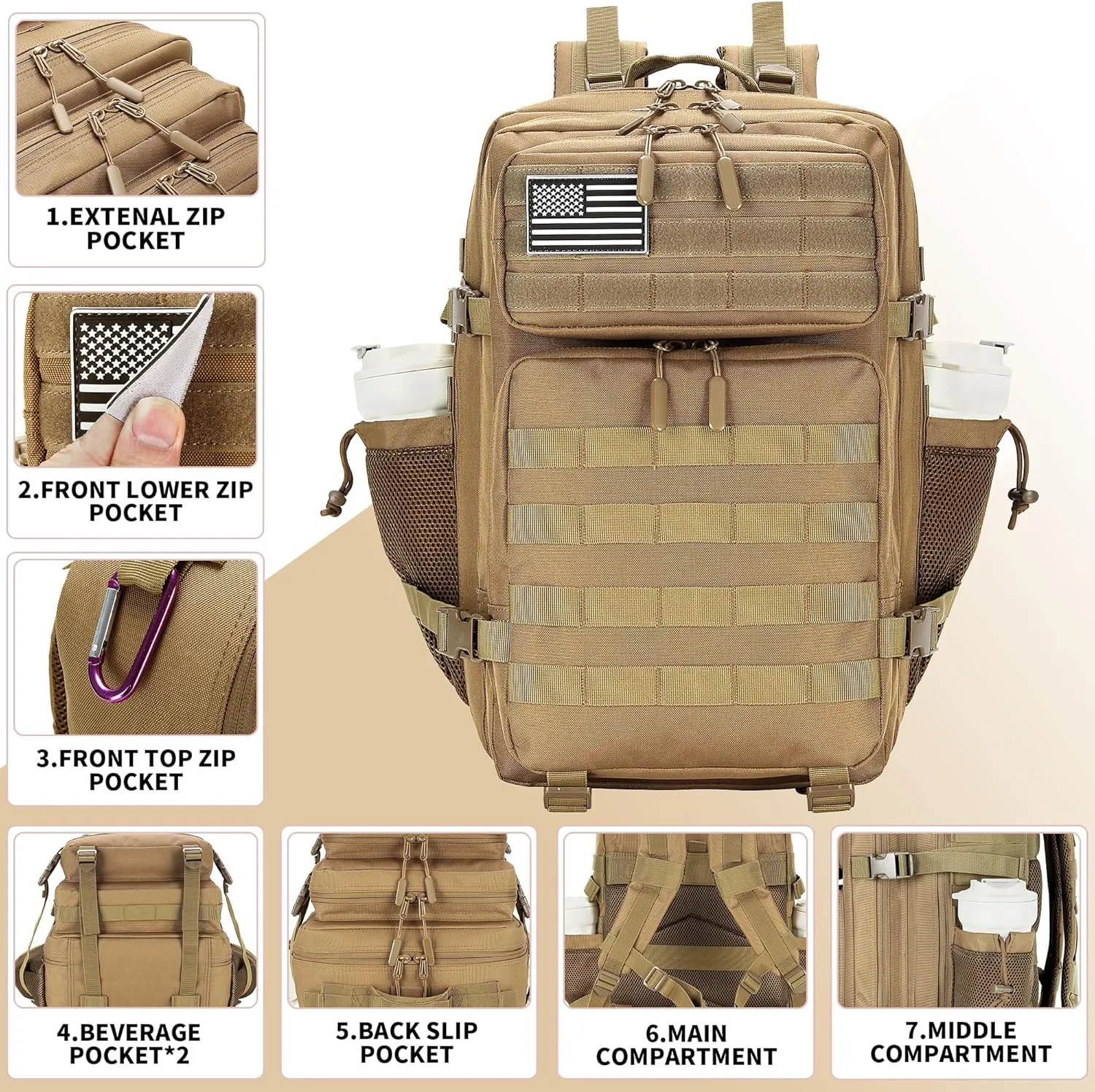 45L Tactical Assault Backpack 3 day assault pack with Molle Waterproof backpack Rucksack for Tactical Backpacks (khaki)