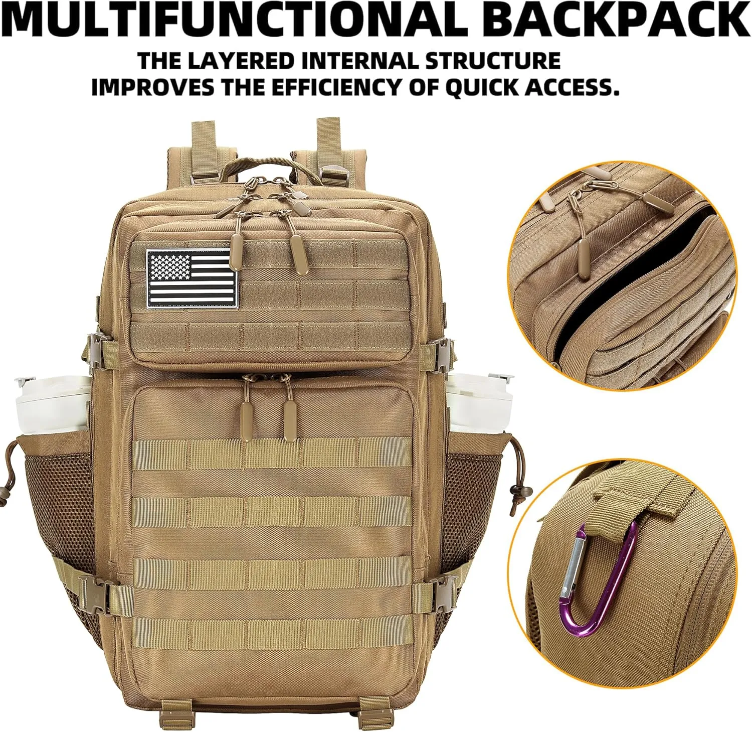 45L Tactical Assault Backpack 3 day assault pack with Molle Waterproof backpack Rucksack for Tactical Backpacks (khaki)
