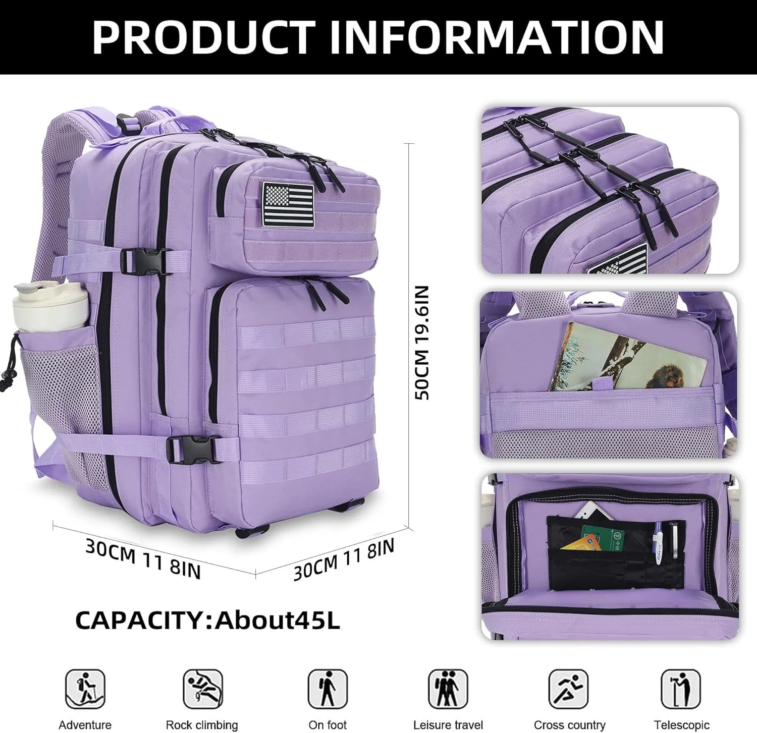45L Tactical Assault Backpack 3 Day Assault Pack with MOLLE Waterproof Rucksack for Tactical Backpacks (Light Purple)