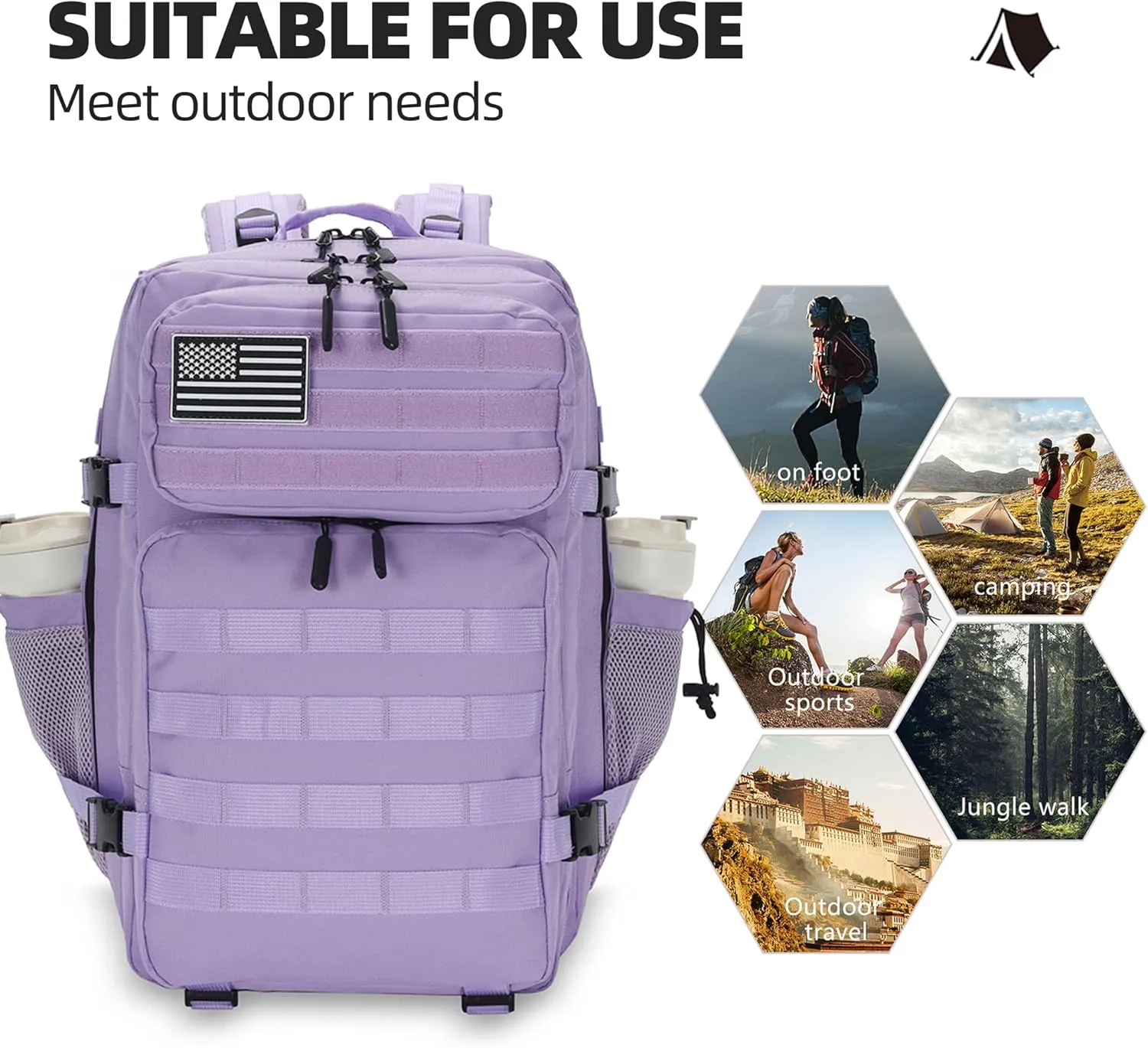 45L Tactical Assault Backpack 3 Day Assault Pack with MOLLE Waterproof Rucksack for Tactical Backpacks (Light Purple)