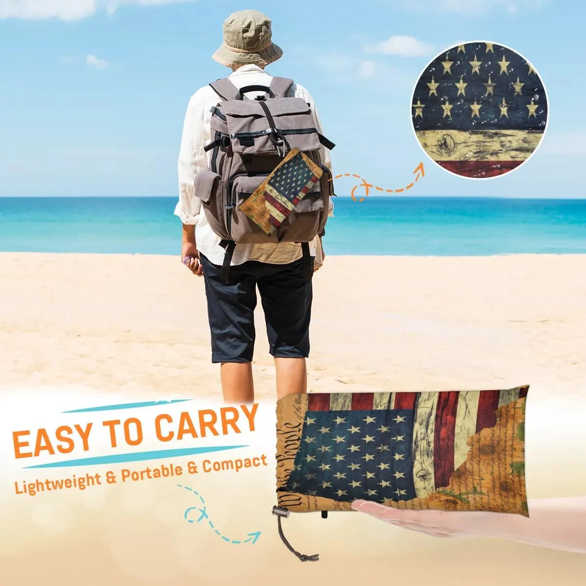4th of July Beach Blanket, Sandproof Beach Mat, 68 x 59 Waterproof Quick Drying Sand Free Mat with 4 x Ground Spikes for Outdoor Travel Camping Hiking, Independence Day