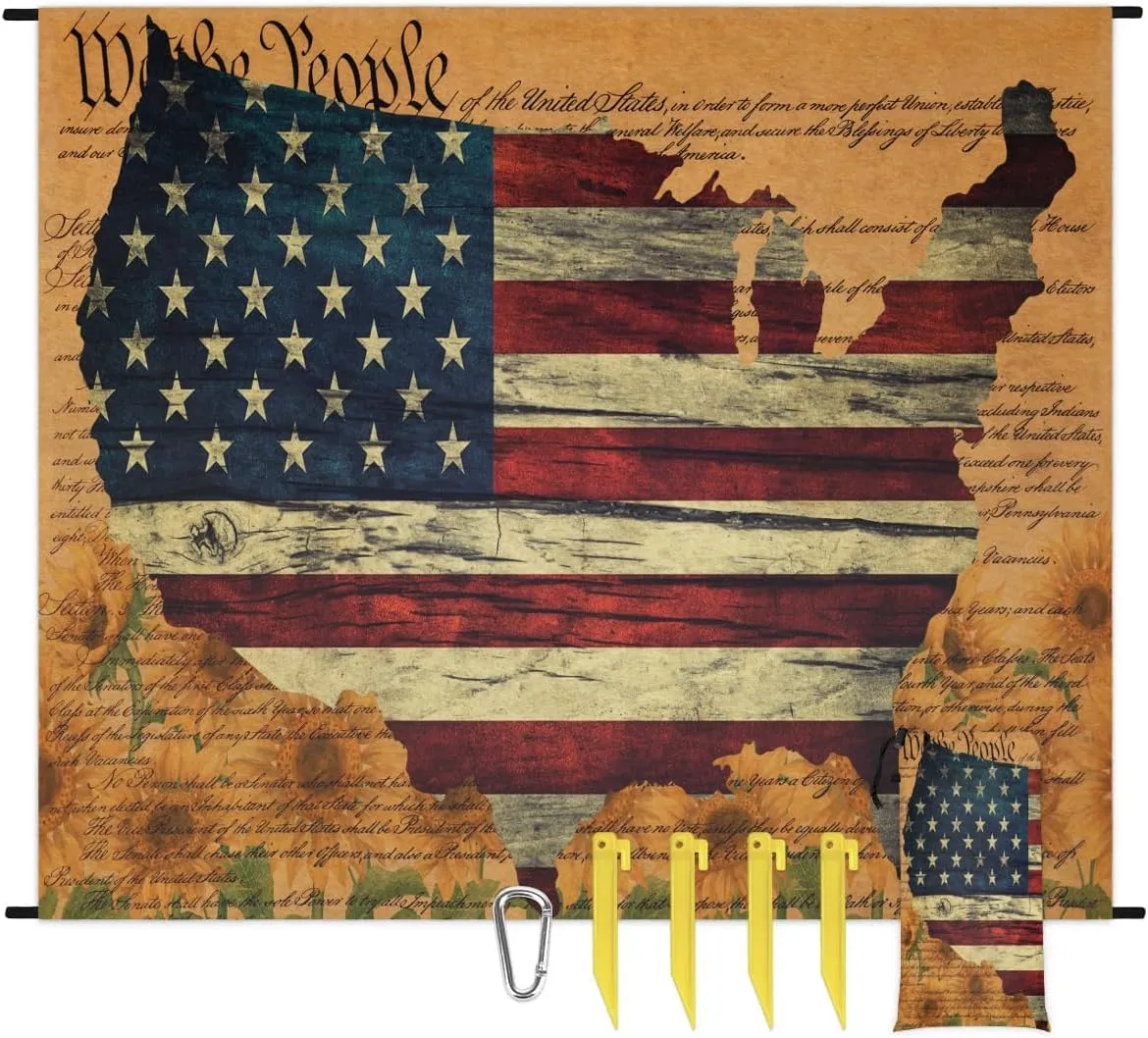 4th of July Beach Blanket, Sandproof Beach Mat, 68 x 59 Waterproof Quick Drying Sand Free Mat with 4 x Ground Spikes for Outdoor Travel Camping Hiking, Independence Day