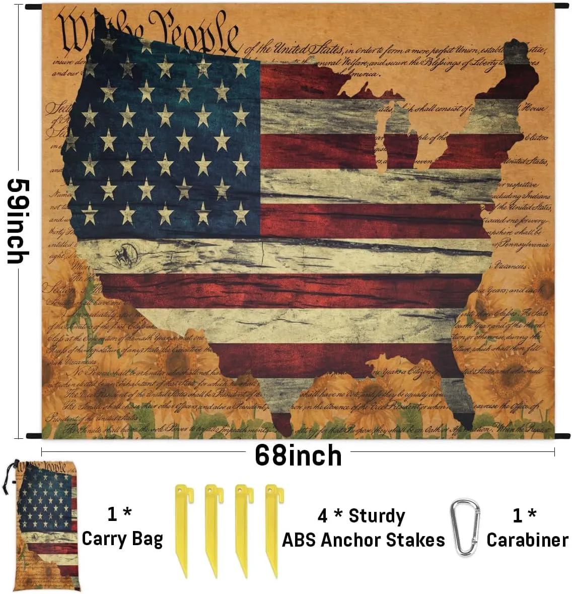 4th of July Beach Blanket, Sandproof Beach Mat, 68 x 59 Waterproof Quick Drying Sand Free Mat with 4 x Ground Spikes for Outdoor Travel Camping Hiking, Independence Day