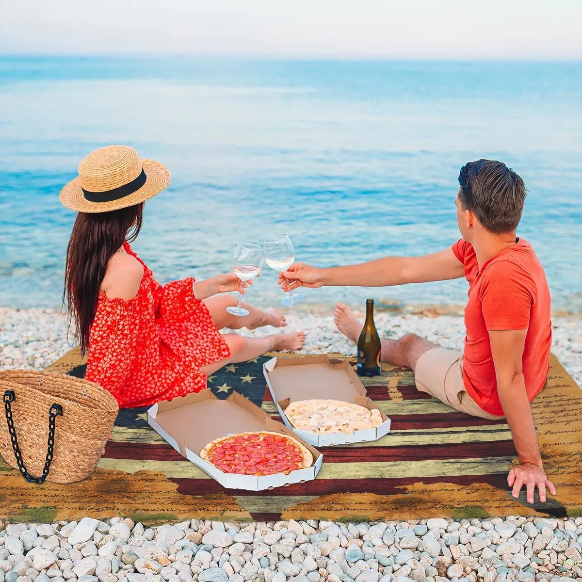 4th of July Beach Blanket, Sandproof Beach Mat, 68 x 59 Waterproof Quick Drying Sand Free Mat with 4 x Ground Spikes for Outdoor Travel Camping Hiking, Independence Day