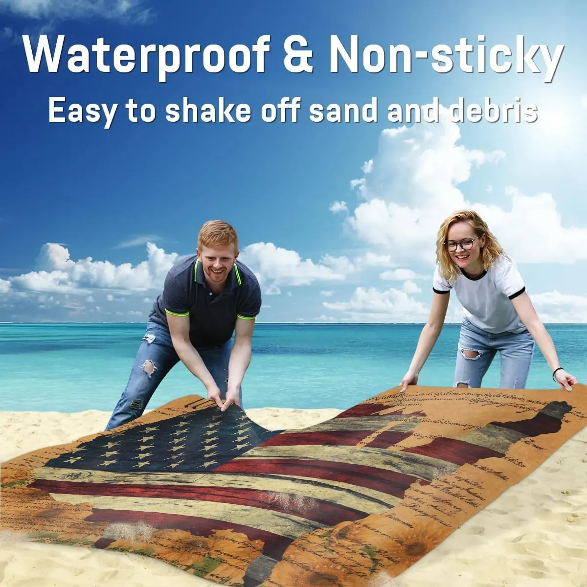 4th of July Beach Blanket, Sandproof Beach Mat, 68 x 59 Waterproof Quick Drying Sand Free Mat with 4 x Ground Spikes for Outdoor Travel Camping Hiking, Independence Day