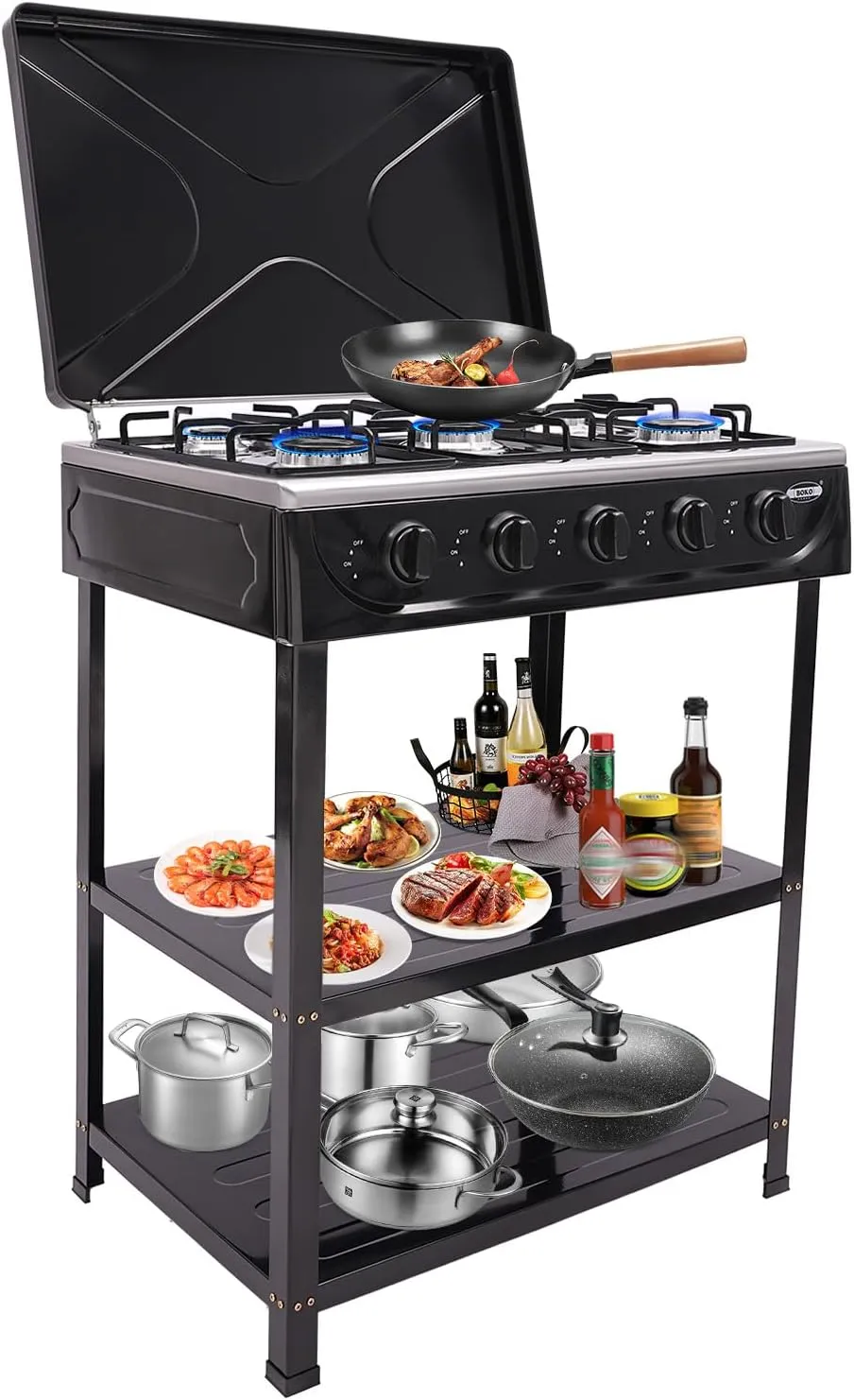 5 Burner Gas Stove Portable Outdoor with Removable Storage Stand, Freestanding Auto Ignition Camping Stove with Wind Blocking & Support Leg, Kitchen Cooking Stove Set for Picnic Home RV (Black)