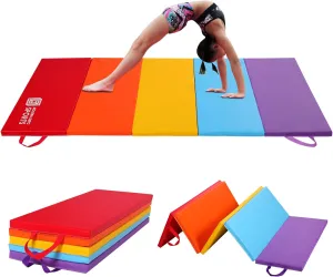 5-Fold Exercise Mat for Kids, 6'x3'x1” Foldable Gymnastics Mat, Home Gym Tumbling Mat with Carrying Handles, EPE Foam, Waterproof, Versatile Use for Fitness Aerobics Stretching, Rainbow