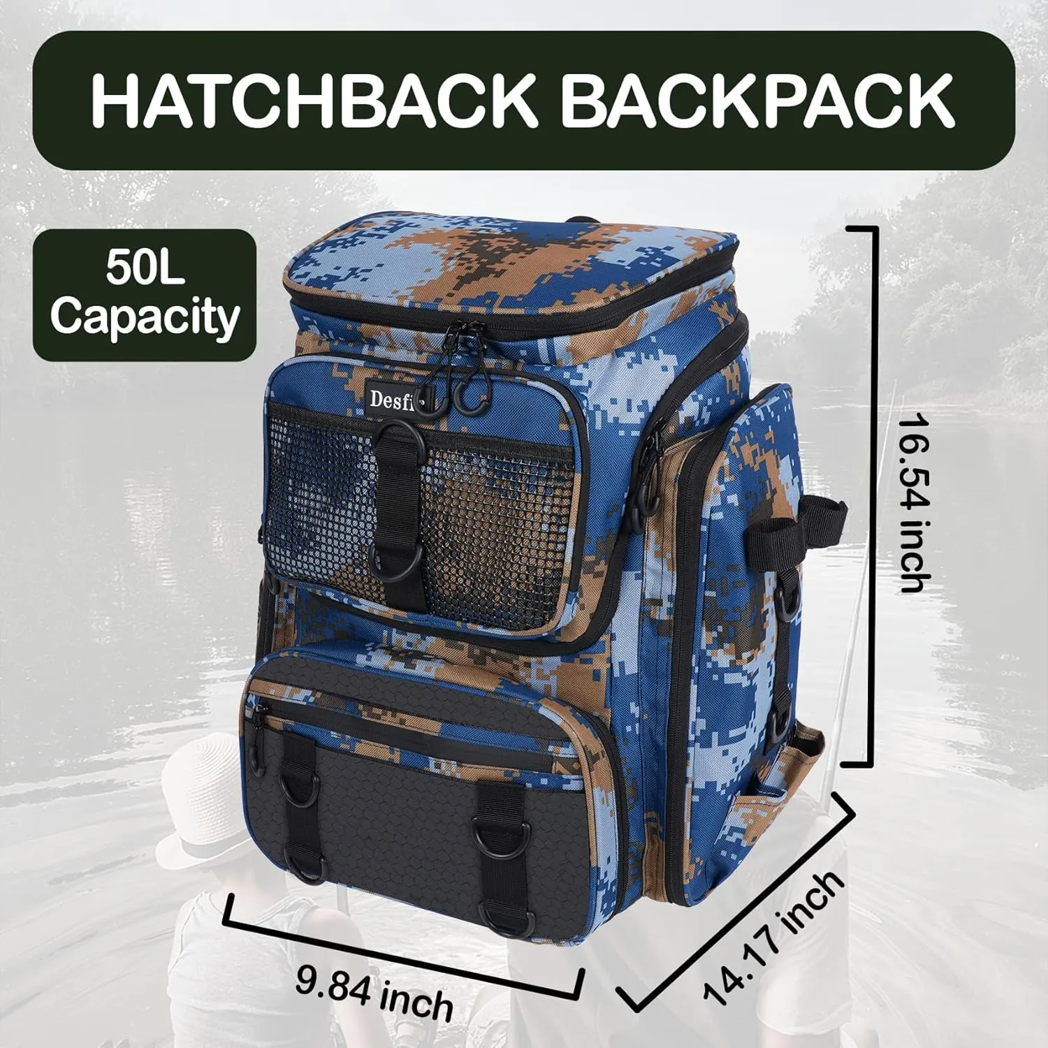 50L Fishing Backpack with Dedicated Rod Compartment Holders, Water-resistant Large Tackle Storage Bag for Saltwater Bass Fishing, Heavy Duty Outdoor Gear Backpack for Men
